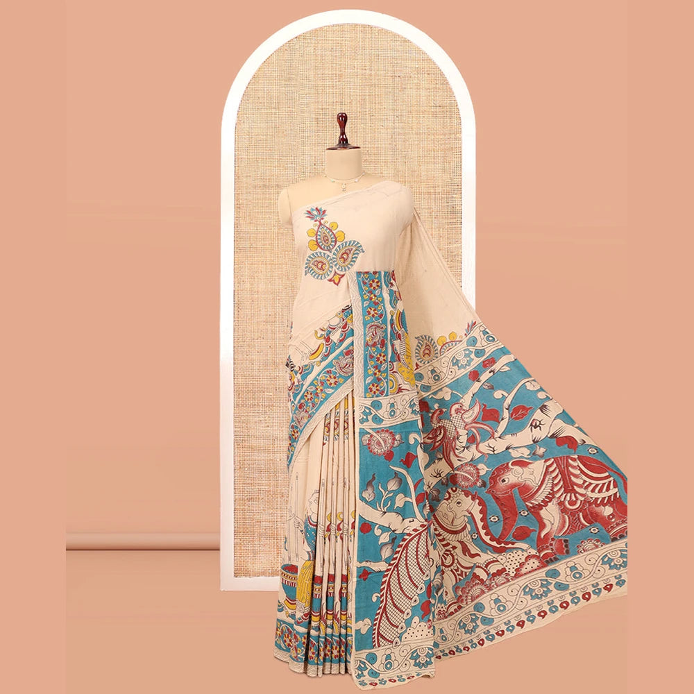 Pothys Sandal Kalamkari Cotton Saree, Accentuated with Ancient Human Motif Print, Contrast Printed Border, Kalamkari Animal Motifs Pallu, and a Contrast Blouse